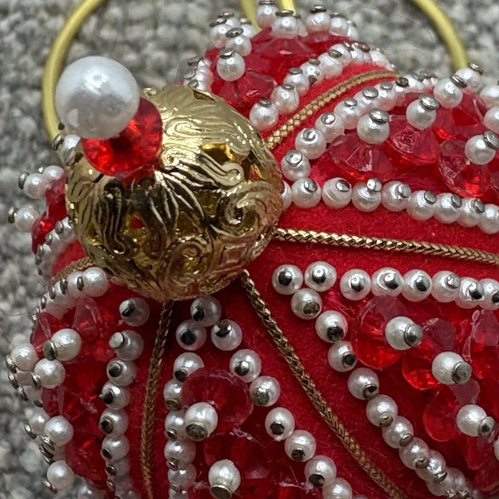 VTG Christmas Ornament Red Beaded Pins Lace MCM Shiny‎ Round Ball 3.5